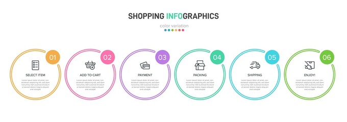 Concept of shopping process with 6 successive steps. Six colorful graphic elements. Timeline design for brochure, presentation, web site. Infographic design layout.