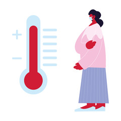 woman avatar cartoon with mask and thermometer vector design