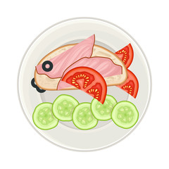 Foodstuff Arranged in the Shape of Fish on Plate Above View Vector Illustration