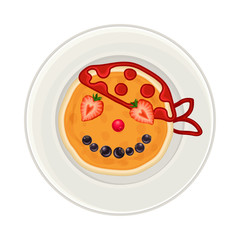Pancake with Berries and Jam Arranged in the Shape of Pirate Face on Plate Above View Vector Illustration