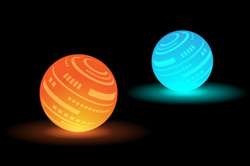 Black abstract wallpapers have advanced technology as objects, arranged in a 3D illustration in a circle of orange and blue glowing beautifully in the dark.
