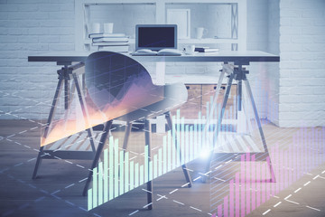 Double exposure of financial graph drawing and office interior background. Concept of stock market.