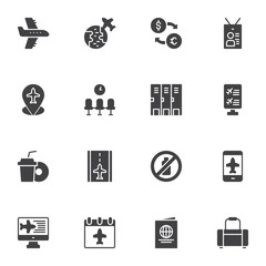 Airport vector icons set, modern solid symbol collection, filled style pictogram pack. Signs, logo illustration. Set includes icons as plane flight, online booking, airstrip, pass document, luggage