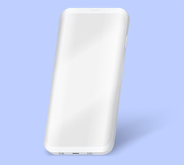 Smartphone UI presentation mockup. Example frameless white model smartphone with touchscreen showcase in perspective. Technology application mockup. Vector Illustration isolated on white background.