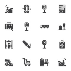 Airport service vector icons set, modern solid symbol collection, filled style pictogram pack. Signs, logo illustration. Set includes icons as airport security check point metal detector, conveyor