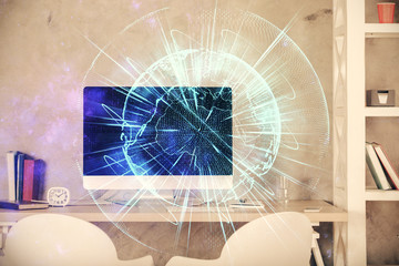 Double exposure of business theme drawing and office interior background. Concept of success