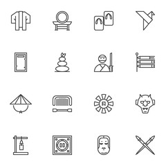 Japanese culture line icons set, outline vector symbol collection, linear style pictogram pack. Signs, logo illustration. Set includes icons as origami bird, ninja, spa stones, asian hat, lantern