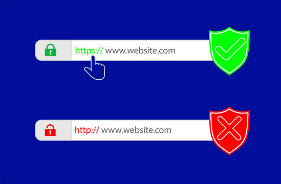 http and https protocols on shield. Safe and Secure https. Secured ssl shield and padlock symbols. http and https protocols on shield on laptop screen. 