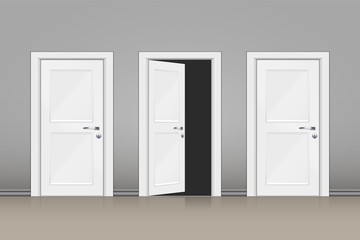 Interior of grey wall with closed two doors and open one door. Classic room concept. Vector Illustration.