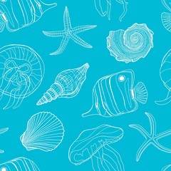 Tropical fish, seashell, jellyfish and starfish vector seamless pattern. Hand drawn underwater illustration. Outline white exotic marine life on blue water background. Contour butterflyfish and shells