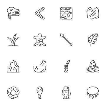 Prehistoric age line icons set, outline vector symbol collection, linear style pictogram pack. Signs, logo illustration. Set includes icons as dinosaur skeleton, spear, hunting boomerang, ancient man