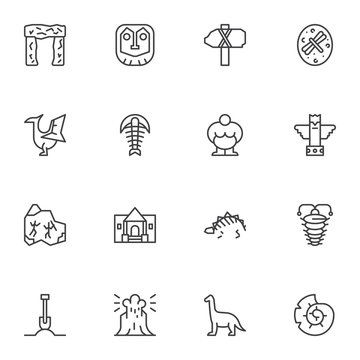 Archaeological excavations line icons set, outline vector symbol collection, linear style pictogram pack. Signs, logo illustration. Set includes icons as prehistoric weapon, dinosaur skeleton, volcano
