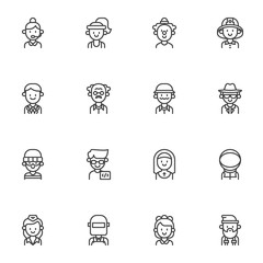 People professions line icons set, outline vector symbol collection, linear style pictogram pack. Signs, logo illustration. Set includes icons as teacher, clown, programmer, astronaut, firefighter