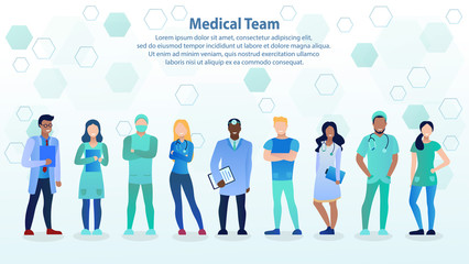 International team of professional doctors. Сolleague. Doctor, Surgeon, Otolaryngologist, Nurse, Dentist, Professor. Medical staff concept. Design People Characters. Flat Cartoon Vector Illustration