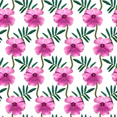Fotobehang Tropische planten Seamless pattern with pink Geranium flowers and green leaves on white background. Endless colorful floral texture. Raster illustration.