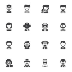Professions vector icons set, modern solid symbol collection, filled style pictogram pack. Signs logo illustration. Set includes icons - policeman, musician singer, photographer, pilot, sailor, artist