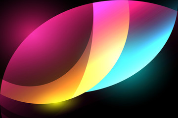 The black abstract background consists of oval objects with twisted patterns consisting of yellow, blue and purple waves emitting light from the dark.