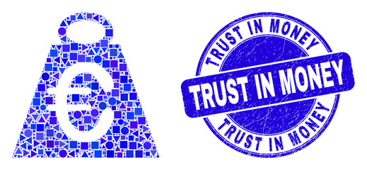 Geometric euro mass mosaic pictogram and Trust in Money stamp. Blue vector round grunge stamp with Trust in Money caption. Abstract collage of euro mass constructed of round, triangles,
