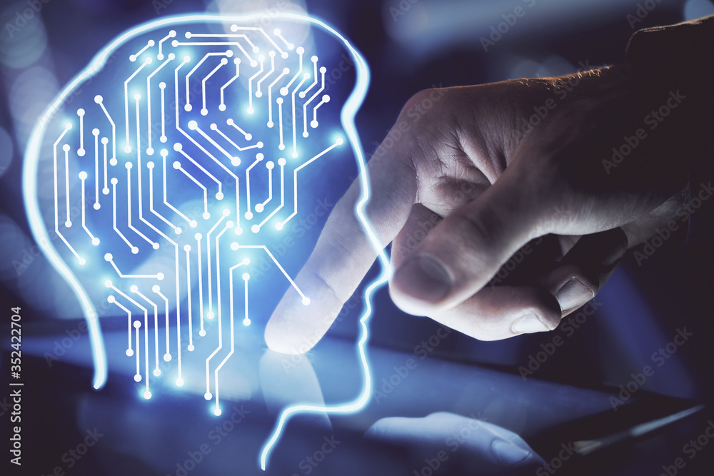 Poster Double exposure of man's hand holding and using a digital device and brain hologram drawing. Data concept.