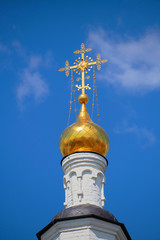 Golden dome of the Church with a cross in the monastery on the island of Sviyazhsk in Kazan. The monastery is protected by UNESCO.
