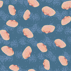 Pink seashells seamless vector pattern on a blue background. Seaside vacation theed surface print design. For fabrics, stationery, and packaging.