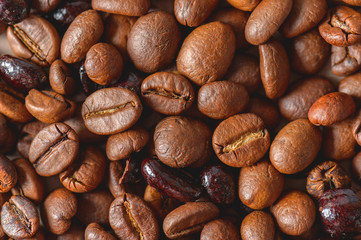 Coffee beans texture high quality background. Roasted coffee beans. Mixture of different kinds of roasted coffee beans background.