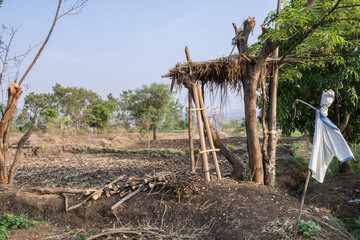 farmland in India plowed for sowing before the monsoon starts with a wooden platform built to keep a watch on the farms