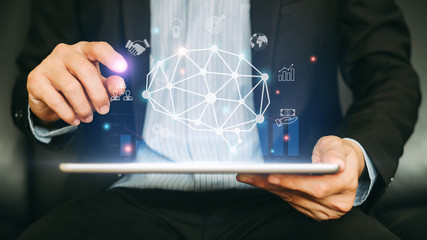 Businessman working on SWOT analysis project for manage financial balance with augmented reality graphics. Concept for start up business, economy, marketing and strategy. 3D illustration.