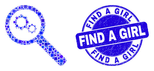 Geometric explore gears mosaic pictogram and Find a Girl seal. Blue vector round distress watermark with Find a Girl caption. Abstract mosaic of explore gears composed of spheric, tringle,