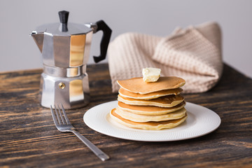 Homemade american pancakes. Healthy morning breakfast. Rustic style
