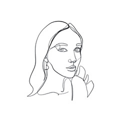 One line girl or woman portrait. Minimalist simple icon of female silhouette of face. Abstract linear icon. Hand drawn vector illustration. Design logo for beauty salon, tattoos, decorations.