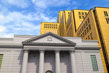 The six pointed Jewish star of David on the historical ancient Golden Rose synagogue, a traditional...