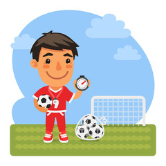 Cartoon soccer coach with a ball and a stopwatch on the field in front of the goal. Composition with a professional. Flat male character.