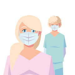 Fototapeta premium Man and woman doctor with uniforms and masks vector design