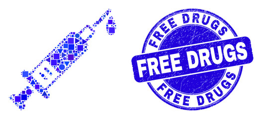Geometric blood syringe mosaic icon and Free Drugs seal stamp. Blue vector round distress seal stamp with Free Drugs caption. Abstract mosaic of blood syringe created of circle, triangles,