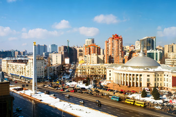 Aerial view of a city center in Kyiv, Ukraine, with traffic