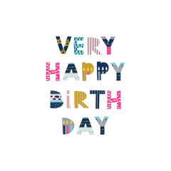 Happy Birthday greeting with lettering phrase. Print for T-shirts, kids book, notebook, poster, postcard etc.Vector illustration.