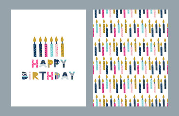 Happy Birthday greeting card set. Vector Illustration, poster, card, postcard..