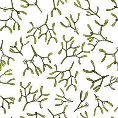 Vector seamless pattern with hand drawn mistletoe twigs