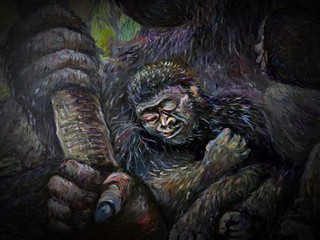 Art painting Oil color Orangutan monkey family thailand	