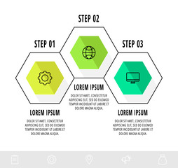 Vector business infographics. Timeline modern with 3 hexagons. Used for web design, marketing advertising, workflow layout, annual report, flowchart, presentation