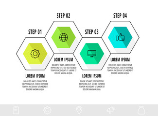 Vector business infographics. Timeline modern with four hexagons. Used for web design, marketing advertising, workflow layout, annual report, flowchart, presentation