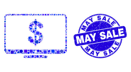 Geometric financial display mosaic icon and May Sale stamp. Blue vector rounded textured stamp with May Sale phrase. Abstract mosaic of financial display made of sphere, tringle,
