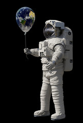 astronaut with planet Earth balloon isolated on black background