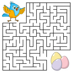 Square maze for kids with cartoon Bird. Find right way to the Eggs. Entry and exit. Puzzle Game with answer. Learning Labyrinth conundrum. Education worksheet. Activity page. Logic Games for kids.