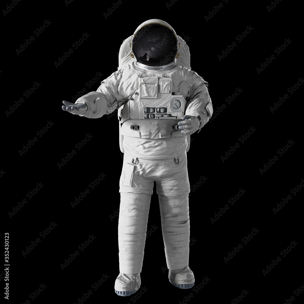 Wall mural astronaut presenting an empty space isolated on black background
