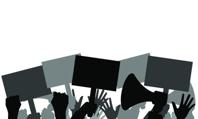 Protest. A crowd of people with banners, a megaphone, dissatisfied during the riot, show their fists, isolated on a white background. Vector stock illustration with copy space.