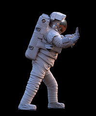 astronaut pushing an empty space isolated on black background