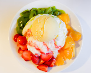 Mixed Fruit Bingsu. A bowl of milk shaved ice served with fresh fruits