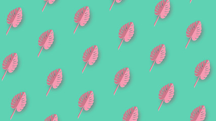 Abstract green background with pink monstera leaves .Vector. Summer tropical leaf. Origami exotic hawaiian jungle, summertime background. Paper cut style. © Riva